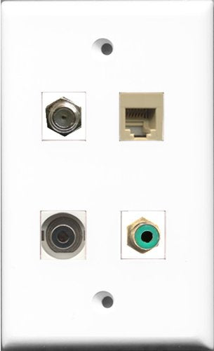 RiteAV 1 Port RCA Green and 1 Port Coax Cable TV- F-Type and 1 Port Phone RJ11 RJ12 Beige and 1 Port 3.5mm Wall Plate