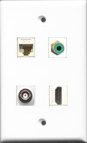 RiteAV 1 Port HDMI and 1 Port RCA Green and 1 Port BNC and 1 Port Cat6 Ethernet White Wall Plate