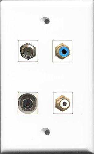 RiteAV 1 Port RCA White and 1 Port RCA Blue and 1 Port Coax Cable TV- F-Type and 1 Port 3.5mm Wall Plate