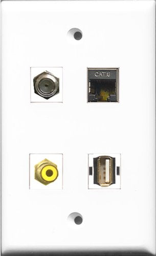 RiteAV 1 Port RCA Yellow and 1 Port Coax Cable TV- F-Type and 1 Port USB A-A and 1 Port Shielded Cat6 Ethernet Wall Plate