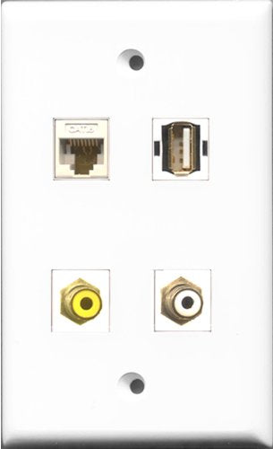 RiteAV 1 Port RCA White and 1 Port RCA Yellow and 1 Port USB A-A and 1 Port Cat6 Ethernet White Wall Plate