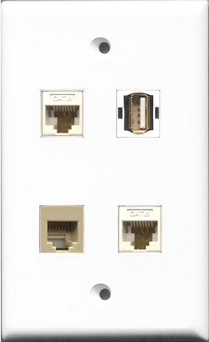 RiteAV 1 Port USB A-A and 1 Port Phone RJ11 RJ12 Beige 2 Port Cat6 Ethernet White Wall Plate