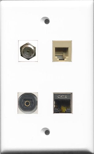 RiteAV 1 Port Coax Cable TV- F-Type and 1 Port Phone RJ11 RJ12 Beige and 1 Port Shielded Cat6 Ethernet and 1 Port Toslink Wall Plate