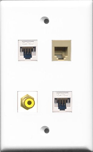RiteAV 1 Port RCA Yellow and 1 Port Phone RJ11 RJ12 Beige 2 Port Cat5e Ethernet White Wall Plate