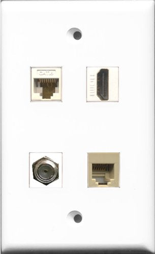 RiteAV 1 Port HDMI and 1 Port Coax Cable TV- F-Type and 1 Port Phone RJ11 RJ12 Beige and 1 Port Cat6 Ethernet White Wall Plate