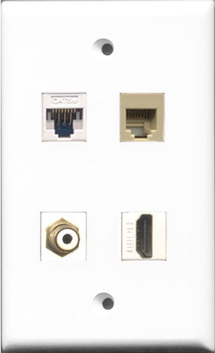 RiteAV 1 Port HDMI and 1 Port RCA White and 1 Port Phone RJ11 RJ12 Beige and 1 Port Cat5e Ethernet White Wall Plate