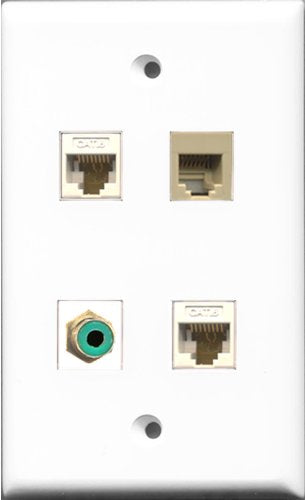 RiteAV 1 Port RCA Green and 1 Port Phone RJ11 RJ12 Beige 2 Port Cat6 Ethernet White Wall Plate