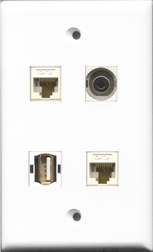 RiteAV 1 Port USB A-A and 1 Port 3.5mm 2 Port Cat6 Ethernet White Wall Plate
