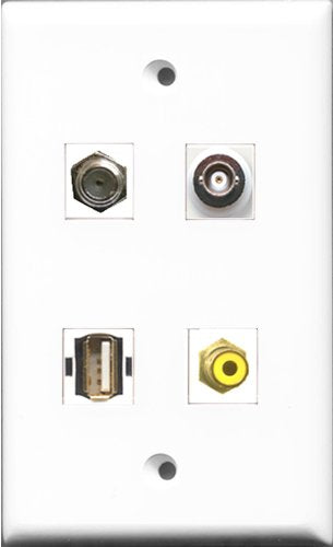 RiteAV 1 Port RCA Yellow and 1 Port Coax Cable TV- F-Type and 1 Port USB A-A and 1 Port BNC Wall Plate