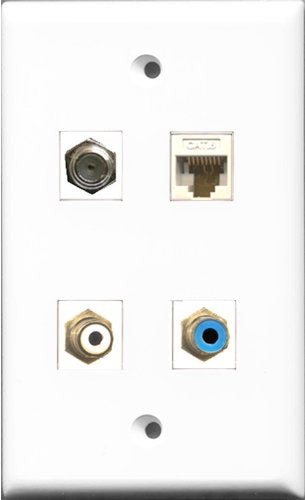 RiteAV 1 Port RCA White and 1 Port RCA Blue and 1 Port Coax Cable TV- F-Type and 1 Port Cat6 Ethernet White Wall Plate