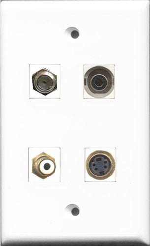 RiteAV 1 Port RCA White and 1 Port Coax Cable TV- F-Type and 1 Port S-Video and 1 Port 3.5mm Wall Plate