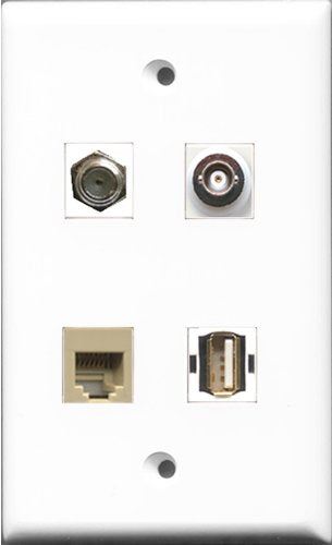 RiteAV 1 Port Coax Cable TV- F-Type and 1 Port USB A-A and 1 Port Phone RJ11 RJ12 Beige and 1 Port BNC Wall Plate
