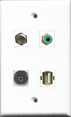 RiteAV 1 Port RCA Green and 1 Port Coax Cable TV- F-Type and 1 Port USB A-A and 1 Port Toslink Wall Plate