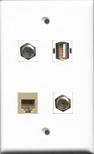 RiteAV - 2 Port Coax Cable TV- F-Type and 1 Port USB A-A and 1 Port Phone RJ11 RJ12 Beige Wall Plate