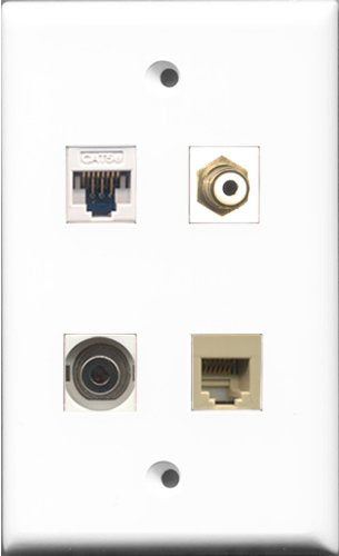 RiteAV 1 Port RCA White and 1 Port Phone RJ11 RJ12 Beige and 1 Port 3.5mm and 1 Port Cat5e Ethernet White Wall Plate