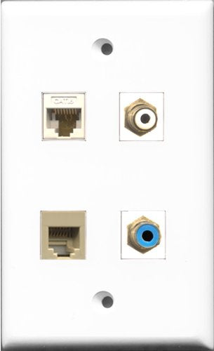 RiteAV 1 Port RCA White and 1 Port RCA Blue and 1 Port Phone RJ11 RJ12 Beige and 1 Port Cat6 Ethernet White Wall Plate