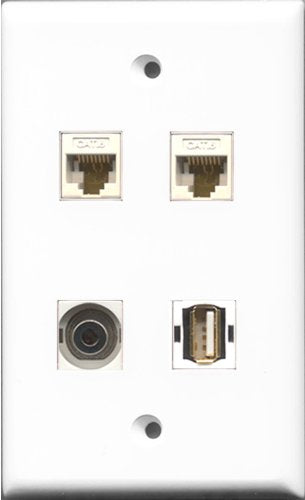 RiteAV 1 Port USB A-A and 1 Port 3.5mm 2 Port Cat6 Ethernet White Wall Plate