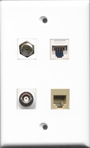 RiteAV 1 Port Coax Cable TV- F-Type and 1 Port Phone RJ11 RJ12 Beige and 1 Port BNC and 1 Port Cat5e Ethernet White Wall Plate