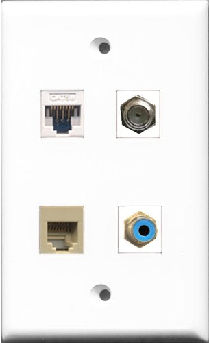 RiteAV - 1 Port RCA Blue and 1 Port Coax Cable TV- F-Type and 1 Port Phone RJ11 RJ12 Beige and 1 Port Cat5e Ethernet White Wall Plate