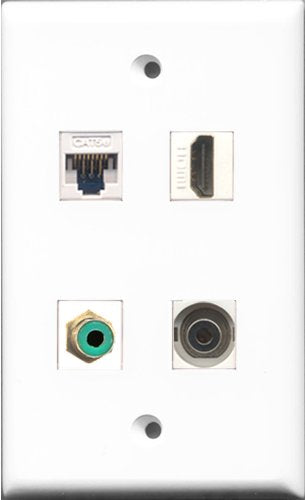 RiteAV - 1 Port HDMI and 1 Port RCA Green and 1 Port 3.5mm and 1 Port Cat5e Ethernet White Wall Plate
