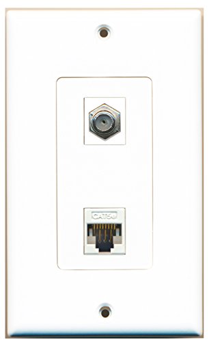 RiteAV - 1 Coax Cable TV F and 1 Cat5e White Ethernet Wall Plate Decorative