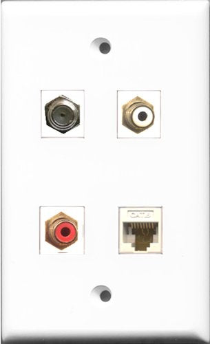 RiteAV 1 Port RCA Red and 1 Port RCA White and 1 Port Coax Cable TV- F-Type and 1 Port Cat6 Ethernet White Wall Plate