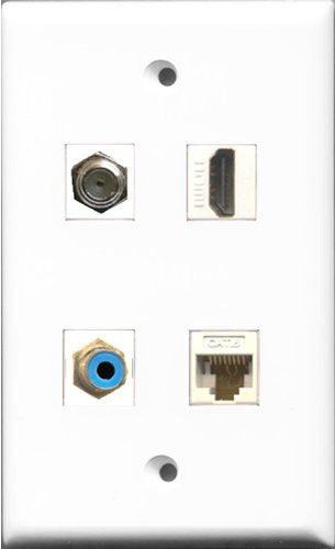 RiteAV 1 Port HDMI and 1 Port RCA Blue and 1 Port Coax Cable TV- F-Type and 1 Port Cat6 Ethernet White Wall Plate