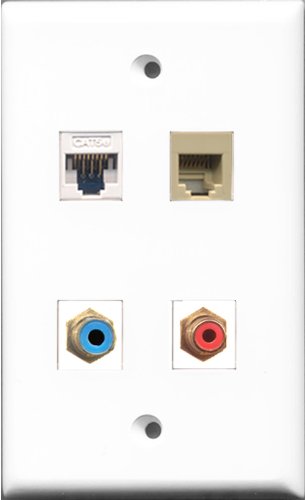 RiteAV 1 Port RCA Red and 1 Port RCA Blue and 1 Port Phone RJ11 RJ12 Beige and 1 Port Cat5e Ethernet White Wall Plate