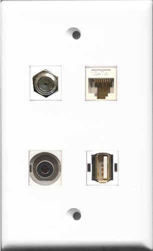 RiteAV 1 Port Coax Cable TV- F-Type and 1 Port USB A-A and 1 Port 3.5mm and 1 Port Cat6 Ethernet White Wall Plate