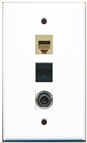 RiteAV - 1 Port Phone RJ11 RJ12 Beige and 1 Port 3.5mm and 1 Port Cat5e Ethernet Black Wall Plate