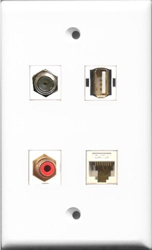 RiteAV 1 Port RCA Red and 1 Port Coax Cable TV- F-Type and 1 Port USB A-A and 1 Port Cat6 Ethernet White Wall Plate