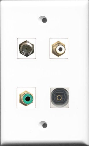 RiteAV 1 Port RCA White and 1 Port RCA Green and 1 Port Coax Cable TV- F-Type and 1 Port Toslink Wall Plate