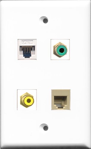RiteAV 1 Port RCA Yellow and 1 Port RCA Green and 1 Port Phone RJ11 RJ12 Beige and 1 Port Cat5e Ethernet White Wall Plate