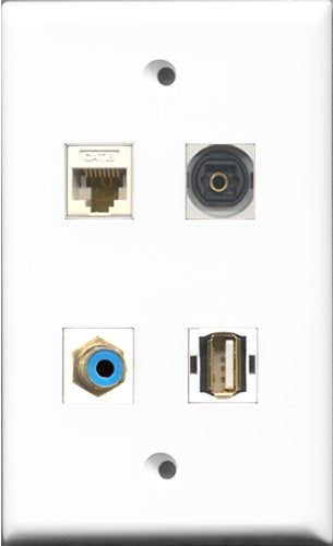 RiteAV 1 Port RCA Blue and 1 Port USB A-A and 1 Port Toslink and 1 Port Cat6 Ethernet White Wall Plate