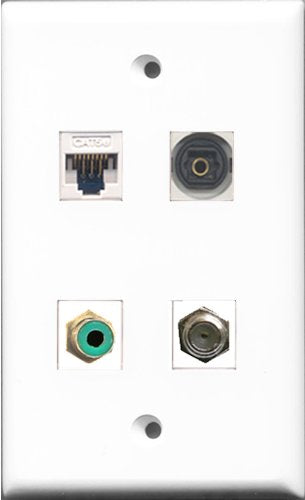 RiteAV 1 Port RCA Green and 1 Port Coax Cable TV- F-Type and 1 Port Toslink and 1 Port Cat5e Ethernet White Wall Plate