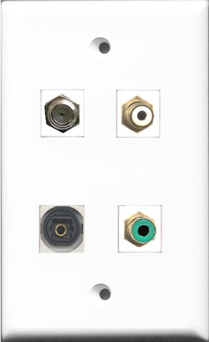 RiteAV 1 Port RCA White and 1 Port RCA Green and 1 Port Coax Cable TV- F-Type and 1 Port Toslink Wall Plate