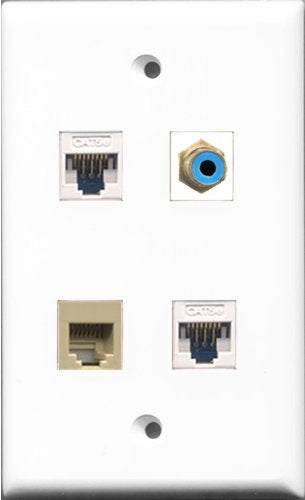 RiteAV 1 Port RCA Blue and 1 Port Phone RJ11 RJ12 Beige 2 Port Cat5e Ethernet White Wall Plate