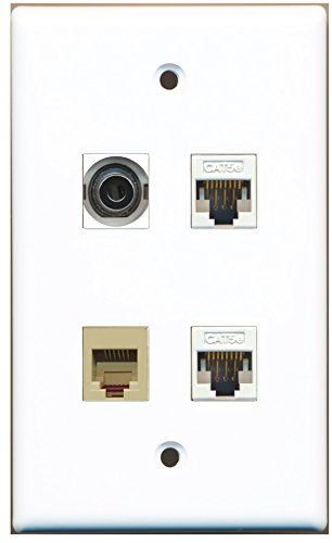 RiteAV - 1 Port Phone RJ11 RJ12 Beige 1 Port 3.5mm 2 Port Cat5e Ethernet White Wall Plate