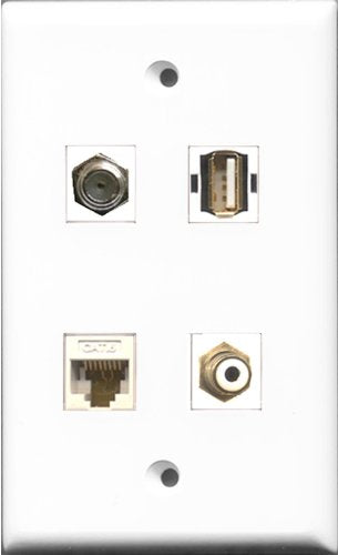 RiteAV 1 Port RCA White and 1 Port Coax Cable TV- F-Type and 1 Port USB A-A and 1 Port Cat6 Ethernet White Wall Plate