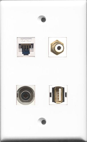 RiteAV 1 Port RCA White and 1 Port USB A-A and 1 Port 3.5mm and 1 Port Cat5e Ethernet White Wall Plate