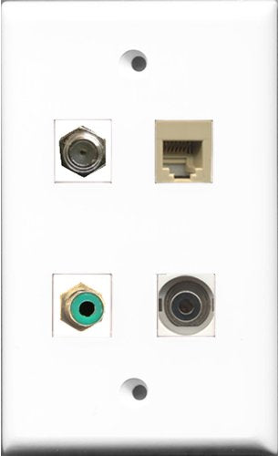 RiteAV 1 Port RCA Green and 1 Port Coax Cable TV- F-Type and 1 Port Phone RJ11 RJ12 Beige and 1 Port 3.5mm Wall Plate