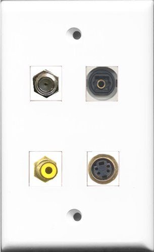 RiteAV 1 Port RCA Yellow and 1 Port Coax Cable TV- F-Type and 1 Port S-Video and 1 Port Toslink Wall Plate