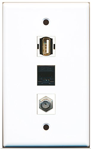 RiteAV - 1 Port Coax Cable TV- F-Type and 1 Port USB A-A and 1 Port Cat5e Ethernet Black Wall Plate