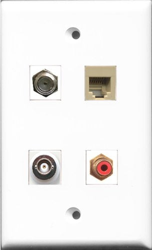 RiteAV 1 Port RCA Red and 1 Port Coax Cable TV- F-Type and 1 Port Phone RJ11 RJ12 Beige and 1 Port BNC Wall Plate