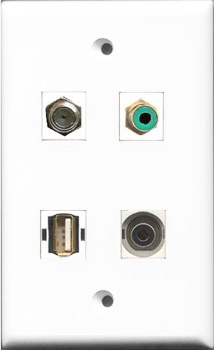 RiteAV 1 Port RCA Green and 1 Port Coax Cable TV- F-Type and 1 Port USB A-A and 1 Port 3.5mm Wall Plate