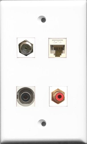 RiteAV 1 Port RCA Red and 1 Port Coax Cable TV- F-Type and 1 Port 3.5mm and 1 Port Cat6 Ethernet White Wall Plate