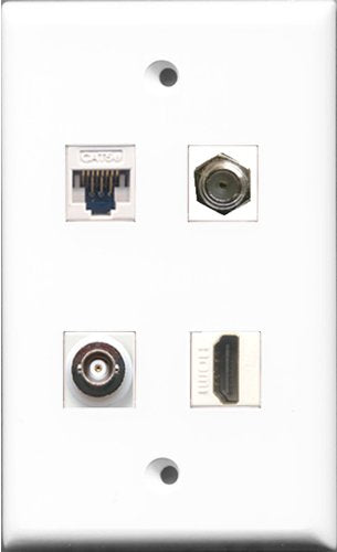 RiteAV - 1 Port HDMI and 1 Port Coax Cable TV- F-Type and 1 Port BNC and 1 Port Cat5e Ethernet White Wall Plate