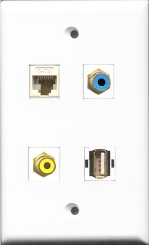 RiteAV 1 Port RCA Yellow and 1 Port RCA Blue and 1 Port USB A-A and 1 Port Cat6 Ethernet White Wall Plate