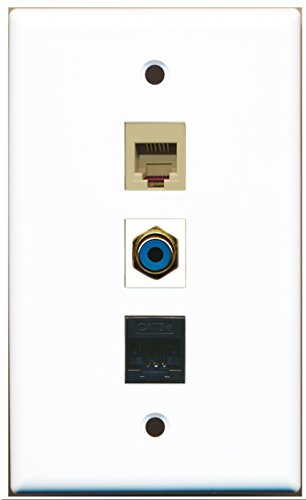 RiteAV - 1 Port RCA Blue and 1 Port Phone RJ11 RJ12 Beige and 1 Port Cat5e Ethernet Black Wall Plate