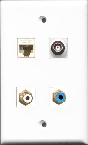 RiteAV 1 Port RCA White and 1 Port RCA Blue and 1 Port BNC and 1 Port Cat6 Ethernet White Wall Plate